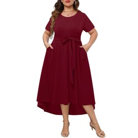 Holipick Women's Plus Size High Low Dress Burgundy Wedding Guest Bridesmaid Semi Formal Cocktail Mother Bride Dresses Pockets