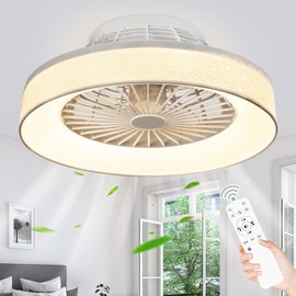 DLLT Low Profile Ceiling Fan with Light, 18.5'' LED Dimmable Ceiling Fans with Lights and Remote, Modern Bladeless Enclosed Ceiling Fan Flush Mount with Reverse Motor for Bedroom Living Room, White