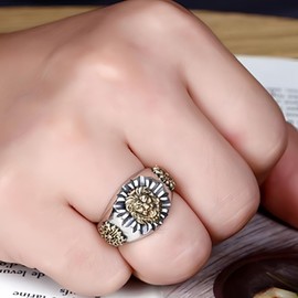 Anillos ajustables de plata tailandesa para hombre y mujer, con cabeza de león dorado chapado en plata, estilo retro, con banda abierta para hombre, punk, motocicleta, nudillos, joyería, Plata