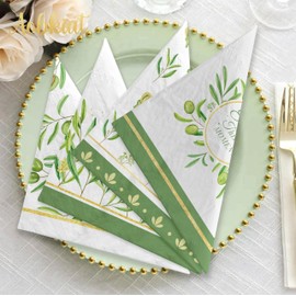 AOBKIAT Sage Green Leaves Disposable Napkins for Party Dinner,24PCS Cocktail Napkins,Gold Foil Style Decorative Paper for Table Decor,Baby Shower,Birthday,Wedding,Spring Party Supplies