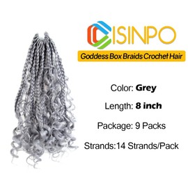 CISINPO 9 Packs Goddess Box Braids Crochet Hair 8 Inch Grey Boho Box Braids with Curly Ends Synthetic Crochet Hair for Women, Gray