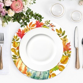 Tarklanda Fall Watercolor Placemats Set of 6-13.4 Inch Round Washable Vinyl Table Mats Thanksgiving Maple Leaf Pumpkin Plastic Place Mats for Kitchen Dining Party Indoor Outdoor Decor