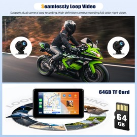 Carplay Screen for Motorcycle,Wireless CarPlay&Android Auto,5 Inch IPS Waterproof Portable Radio with Mirror Link,BT,EQ,FM,DVR,Dual Front and Rear Cameras,64G TF Card,Tire Pressure Monitoring