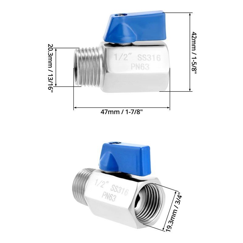 QWORK 2 Pack 1/2" NPT 316 Stainless Steel Inline Valve,