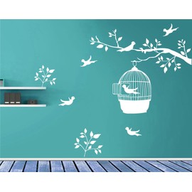 Heaven Decors Bird on Tree with Birdcage and Flying Birds Wall Sticker (PVC Vinyl, Ideal Size on Wall 102 cm x 86 cm) White