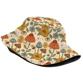 70s Retro Floral Mushroom Bucket Hat Packable Breathable Sun Hats for Women Men Teens Unisex Summer Travel Beach Fisherman Cap