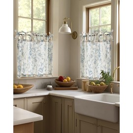 jinchan Floral Linen Tier Curtains 24 Inch Farmhouse Cafe Curtains Tie Top Botanic Drapes for Small Windows Over Sink for Kitchen Country Rustic Laundry Room Bathroom RV 2 Panels Blue on Beige