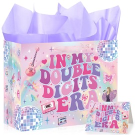 INCOK Large 10th Birthday Gift Bag, In My Double Digits Era Party Favors Bags with Tissue Paper and Greeting Cards, Music Merch Gifts for Girls 10th Birthday Party Decorations, 11.81x9.45x5.31inch