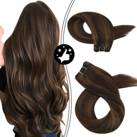 Moresoo 18 Inch Sew in Weft Hair Extensions Human Hair Color Darkest Brown #2 Highlighted with #8 Brazilian Human Hair Weaving/Weft Extensions Sew in 100g Per Bundle