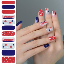 Independence Day Semi Cured Gel Nail Strips Red and White Blue Star Design Glitter Full Nail Wraps Sticker 4th of July Gel Nails Stickers Holiday Nails Art Decoration for Women