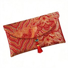 LQHZC Fukusa Cloth with Magnetic Closure, Embroidered, Shoujo Motif, Crepe Fabric, Fukusa Incense Bag, Wedding, Funeral, Ceremonial Bag, 7.1 x 4.1 inches (18 x 10.5 cm) (Bright Red)