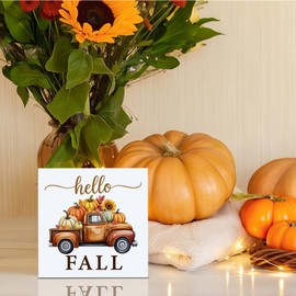 Rustic Tis' the Season Pumpkin Wood Box Sign, Farmhouse Retro Fall Artwork Decor, Autumn Harvest Thanksgiving Wooden Desk Block Signs Home Shelf Office Decoration 5 x 5 Inches