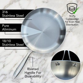 Easy Greasy 12 Inch Stainless Steel Skillet with Lid - Durable Frying Pan Ergonomic Handle - Oven Safe, Easy to Clean, & Scratch-Resistant Saute Pan