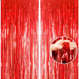 2pcs 3.2 x 8.3ft Glitter Red Tinsel Foil Fringe Curtain Door Tinsel Curtai n Streamers Party Curtain Decorations for Birthday School Graduation Hen Party Photo Banner Xmas Decorations Red