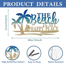 ARTINME Metal Beach Wall Art The Beach is My Happy Place Coastal Decor Sign - Coastal Decorations for Home (Bathroom, Living Room, Bedroom, Dining Room) | 8.6x16 inch (Blue)