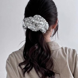 Sparkly Sequin Hair Band for Women Girls Silver Glitter Hair Bobbles for Thick Thin Hair 80s 90s Hair Scrunchies for Grils Women Ponytail Holder for Fine Thick Hair Sequin Hair Accessories