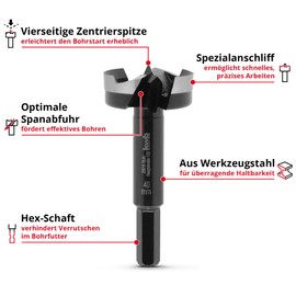 kwb Forstner Drill, Diameter 40 mm, Pot Drill Bit (for Wood, Forged Drill Head, Special Grinding, Fast, Tear-Free Drill Holes, 4-Sided Ground Centring Tip, for Cordless Screwdrivers and Drills)