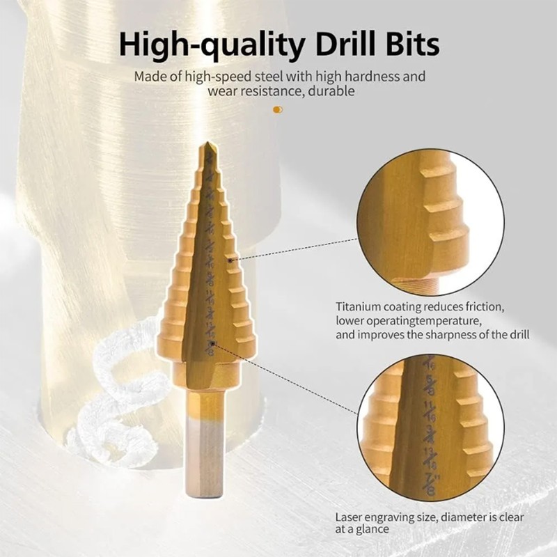 6Pcs Titanium Plated Step Drill Bit Center Punch Straight Flute