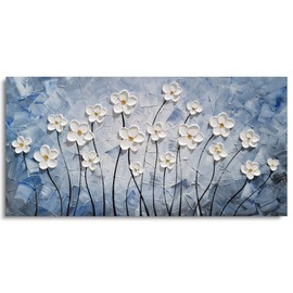 YHSKY ARTS Floral Canvas Wall Art Hand Painted Blue and White Heavy Textured Painting Modern Abstract Flower Pictures Contemporary Artwork for Living Room Bedroom Office Decoration