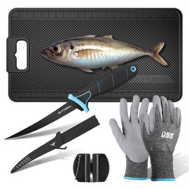 FLISSA 4PCS Fish Fillet Set with 6" Fillet Knife, 24"*13" Non-Slip Fish Fillet & Cleaning Mat, Knife Sharpener and Cut Resistant Gloves, Fish Cleaning kit for Easy Fish Cleaning, Filleting and Cutting