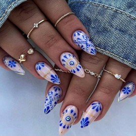 Boho Press on Nails Short Almond Fake Nails Blue False Nails Press ons with Designs Gold Glitter Acrylic Glossy Full Cover Glue on Nails Cute Artificial Stick on Nails for Women Manicure 24 Pcs