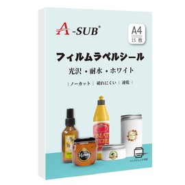 A-SUB Label Stickers, Water-Resistant, Glossy, Inkjet Film Label, Waterproof 15 Sheets, A4 No-Cut, Peel and Stick, Handmade Stickers, White