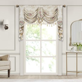 Loom and Mill Luxury Jacquard Waterfall Valance for Living Room Bedroom, Floral Damask Swag Window Valances with Tassels, Pearly Beige Swag Curtains for Banquet Holiday Decoration(W59Inch,1 Panel)