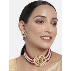 I Jewels Girls 18K Gold Plated Indian Bollywood Light Weight Beaded Choker Set Glided With Moti Work Jewelry Set (Ml239Mw1) Maroon White