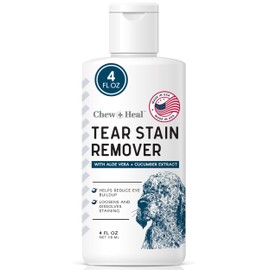 Tear Stain Remover for Dogs - 4 oz Solution - Dissolves Eye Buildup and Gunk, Reduces Staining - Water Based with Aloe Vera and Cucumber Extract - Chew + Heal
