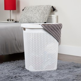 Mind Reader Slim Laundry Hamper with Lid, 50L Clothes Basket, Premium Wicker Design, Plastic, White