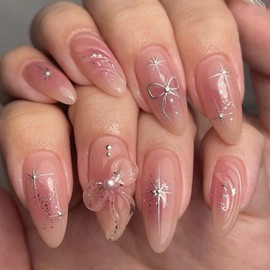 POKENGDA Almond Press on Nails Design,Nail glue included,Cute Acrylic Medium Fake Nails,Reusable French Acrylic Daily False Nail Kits for Women