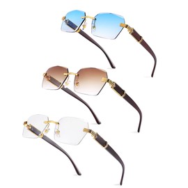 Pro Acme Rimless Rectangle Sunglasses for Men Women Square Shade Eyewear Frameless y2k Glasses (Gold/Clear+Brown Gradient+Blue Gradient)