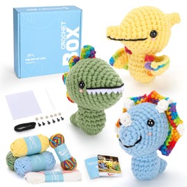Crochet Kit for Beginners Adults - 3pcs Dinosaurs Starters Crochet Kit, Beginners Crocheting Kitting for Adults Kids, DIY Craft Gifts with Crochets Yarns, Hook, Step-by-Step Video, Instruction