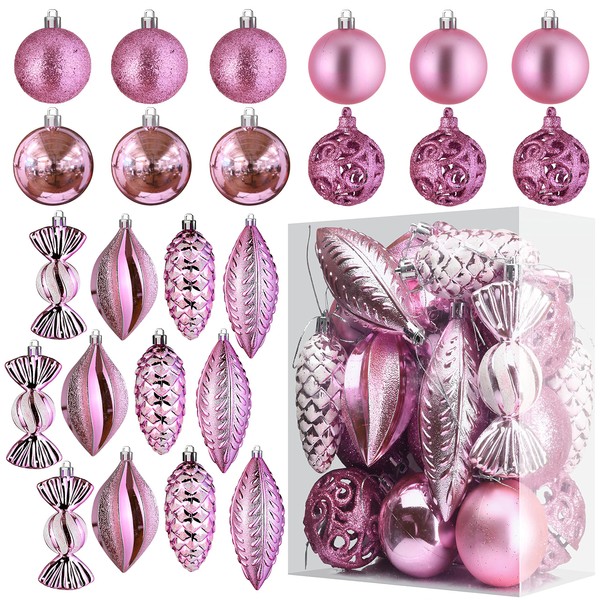 Prextex Pink 24-Piece Shatterproof Christmas Ball Ornaments The Perfect Glitter Balls, Christmas Tree Baubles Christmas Decorations, Exquisite Xmas Combo of 8 Christmas Balls and Shape Styles
