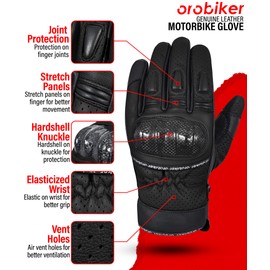 Oro Biker Leather Motorbike Gloves Mens, Carbon Knuckle Motorcycle Gloves Touchscreen Compatible, Extra Grip Powersports Motorbike Gloves Road Racing Riding Gloves (Black, XXL)