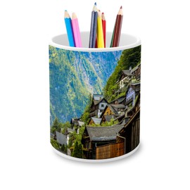 Fabulous Ceramic Pen Pot - Chalets in the Mountain Covered with Trees Hallstatt Austria - 11oz
