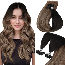 Sunny Hair U Tip Hair Extensions Human Hair Invisible Keratin Hair Extensions Straight Hair Extensions for Women 50G Black to Brown and Blonde 16inch