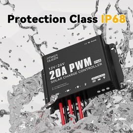 Power Queen 20A 12V/24V PWM IP68 Waterproof Solar Charger Controller with LED Indicators, Ideal for LiFePO4, AGM, Gel, Flooded Battery in RVs, Trailers, Boats, Yachts