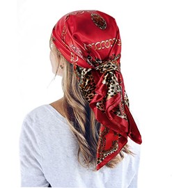 QBSM 35'' Satin Large Square Head Scarf Silk Feeling Neck Scarves Hair Sleeping Wraps Lightweight Headscarf for Women, Red Leopard, Large