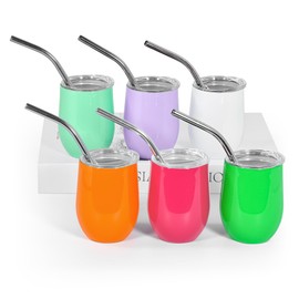 AGH 3 oz Mini Wine Tumbler with Straw and Lid Colored Stainless Steel Sublimation Tumblers Double Wall Vacuum Insulated Cups, 6 Pack