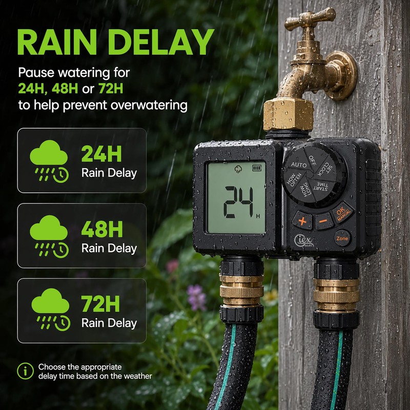 GIEX Rechargeable Sprinkler Timer 2 Zone, Programmable Water Hose Timer