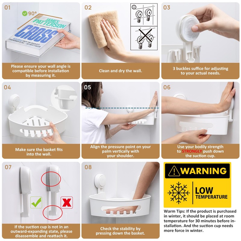 LEVERLOC Suction Cup Shower Shelf, Corner Shower Caddy 2 Pack