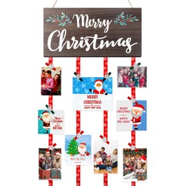 AKEROCK Clip Photo Holders for Christmas Cards, Merry Christmas Picture Frame, Wooden Hanging Christmas Card Holder Wall Display with 30 Clothespins for Home Decor - Brown