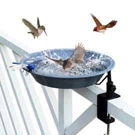 FKKsparkler Bird Bath for Deck Railing, Metal Deck Mounted Bird Bath with Adjustable Sturdy Metal Clamp, Bowl Bird Baths for Outdoors Garden Balcony Patio Deck Gray