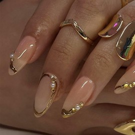 24Pcs French Tip Press on Nails Medium Almond Fake Nails 3D Gold Edge with Pearl Design Glitter Full Cover Glue Nails Reusable Artificial Nail Gold False Nails for Women Girls Acrylic Nails DIY