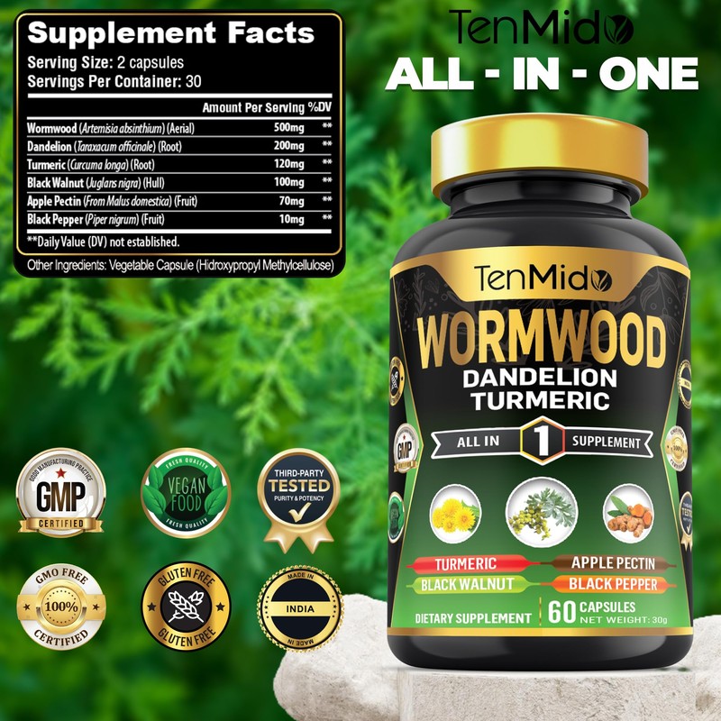 Wormwood Supplement - 6in1 with Dandelion, Turmeric, Black Walnut, Apple