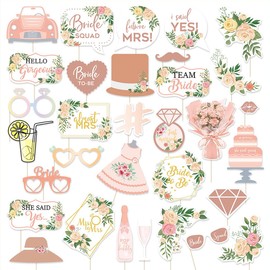 Jagowa 32-Piece Rose Gold Wedding Photo Prop Set for Bride-to-Be, Bachelor, and Hen Party Decorations with Bamboo Sticks and Glue Dots