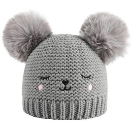 XYIYI Grey Baby Kids Winter Warm Knit Hat Cute Bear Infant Toddler Crochet Fur Pom Beanie Cap for 6-24Months Boys Girls