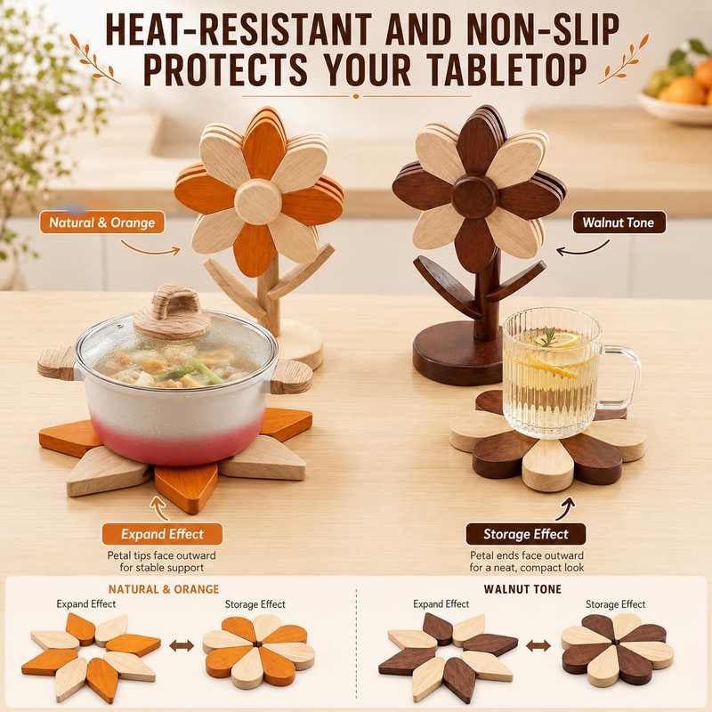 Sunflower Trivets for Hot Dishes, 5Pc Wooden Tree Trivet Stand