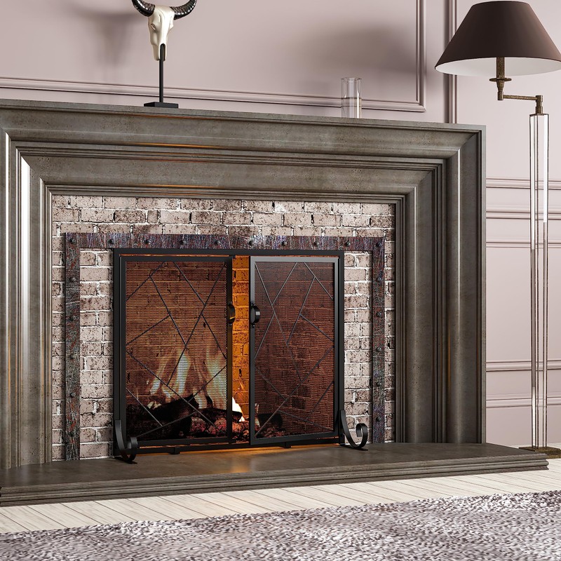 Fire Beauty Fireplace Screen with Hinged Doors Cast Iron Border